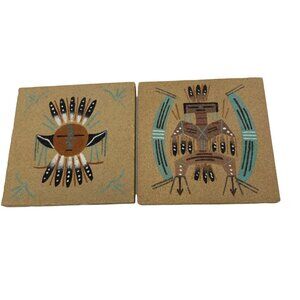 Navajo Sand Painting 4” Tile Set “The Sun” & “Big Thunder” Vintage Signed